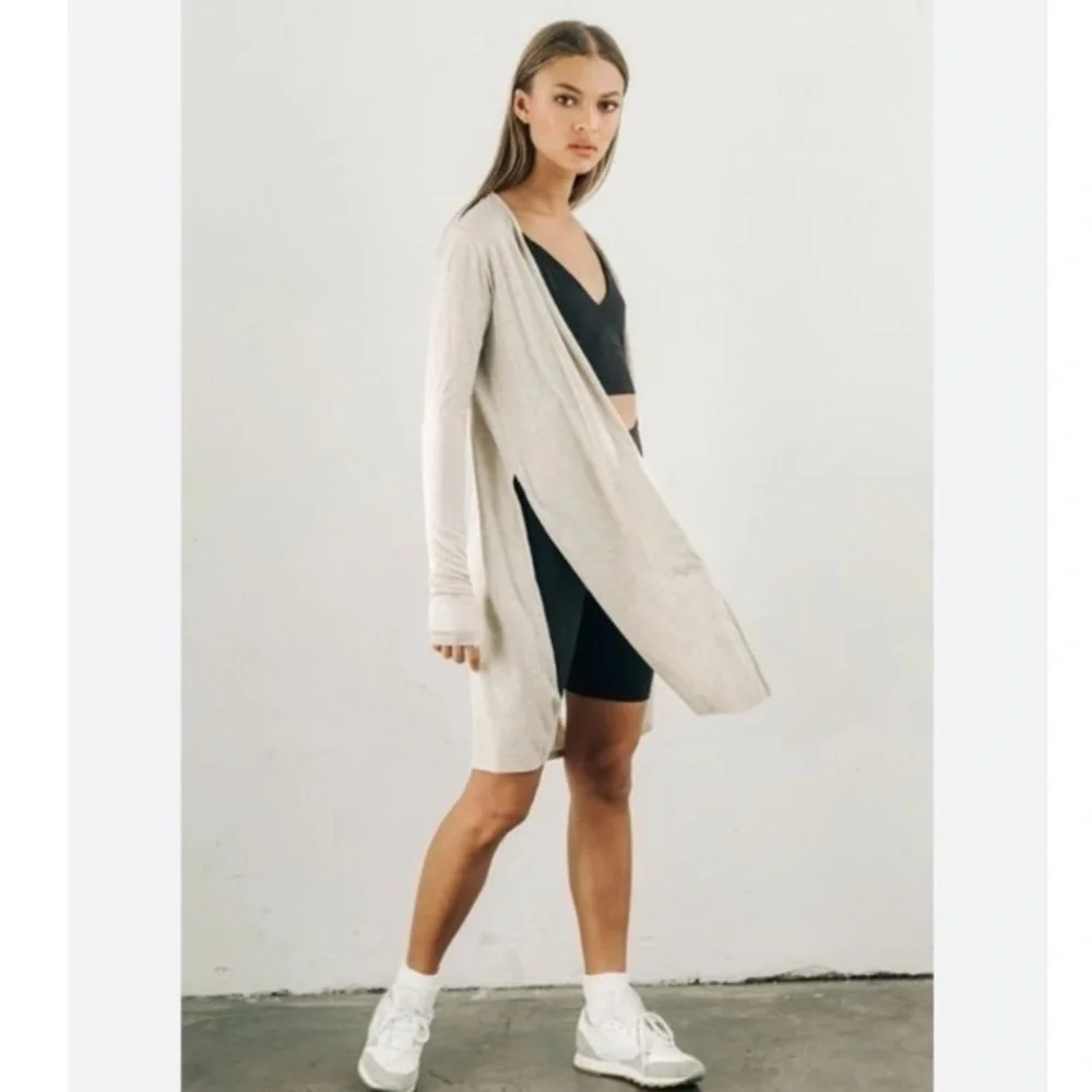 Joah Brown Cardigan Luna Duster Side Slit Ribbed in Oatmeal Cream